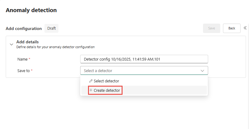 Capture d’écran de la page Détecteur d’anomalies dans Real-Time hub.