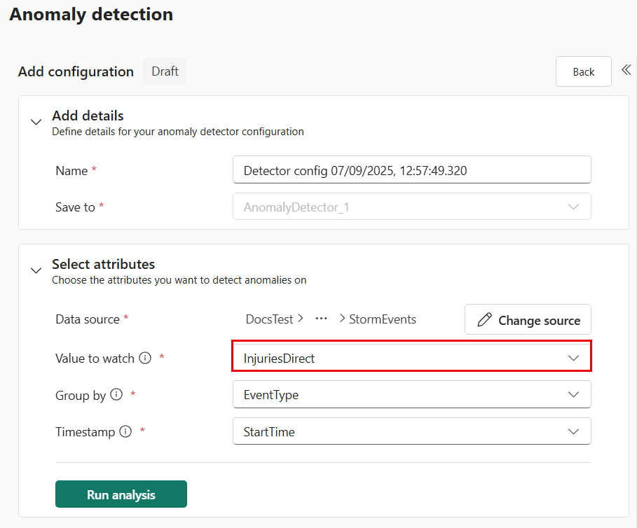 Capture d’écran de la valeur pour regarder les paramètres de configuration.