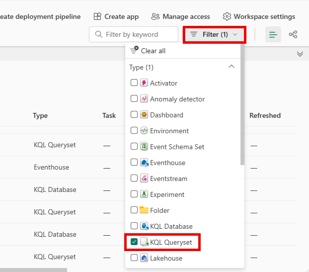 Capture d’écran montrant le filtrage des types d’éléments dans l’espace de travail.
