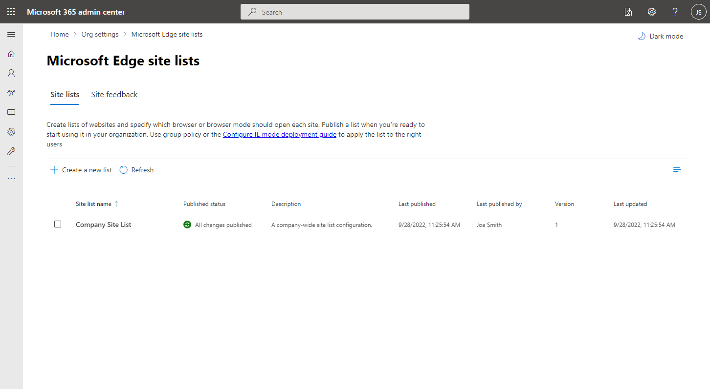 Capture d’écran de la page de listes de sites Microsoft Edge dans le Centre d’administration Microsoft 365.