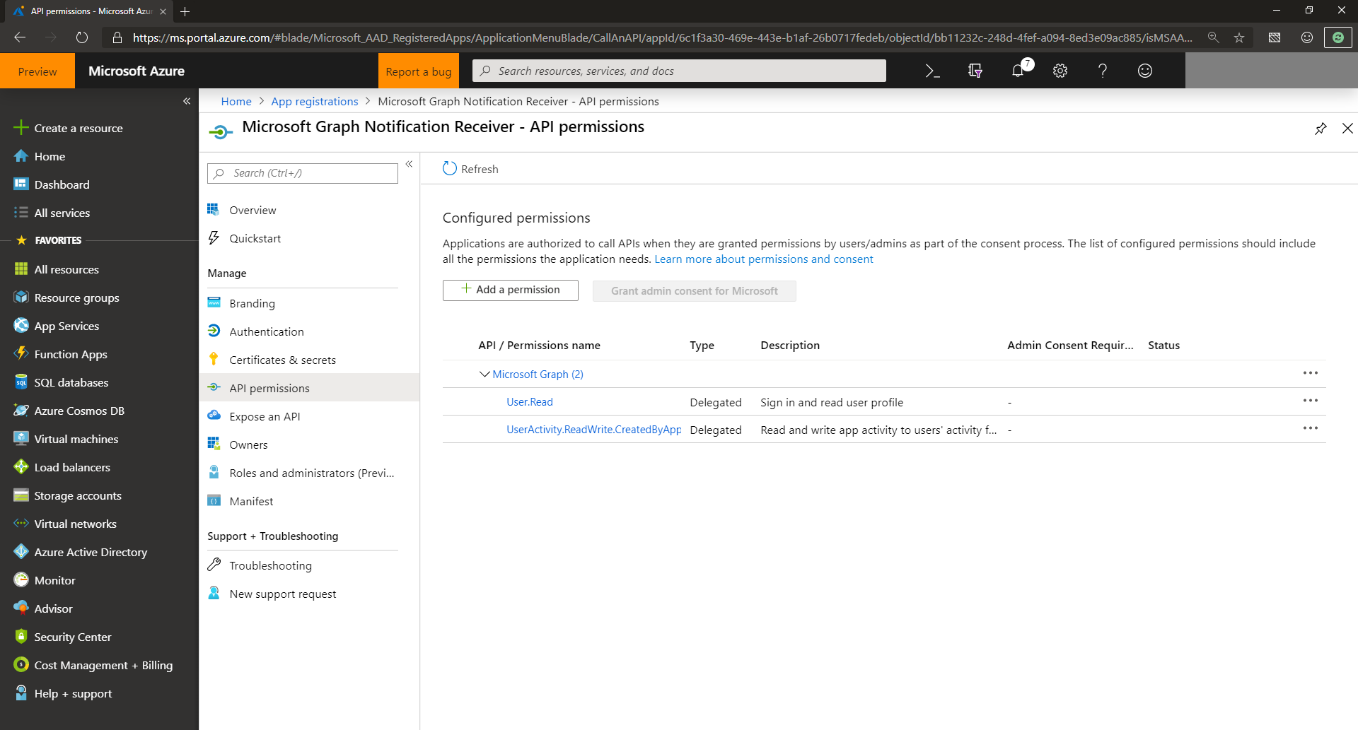 Capture d’écran montrant les autorisations déléguées pour les notifications dans le centre d’administration Microsoft Entra