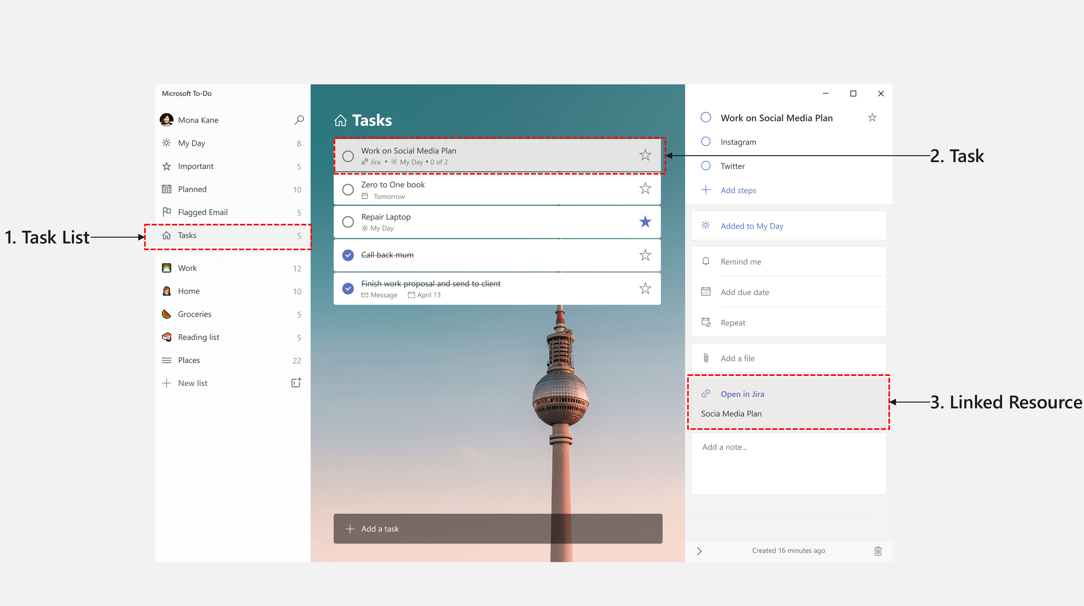 Capture d’écran d’un microsoft To Do Windows App