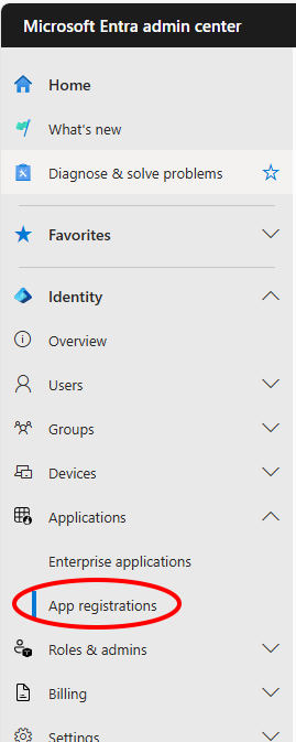 Capture d’écran de l’emplacement du menu d’inscriptions des applications du Centre d’administration Entra.