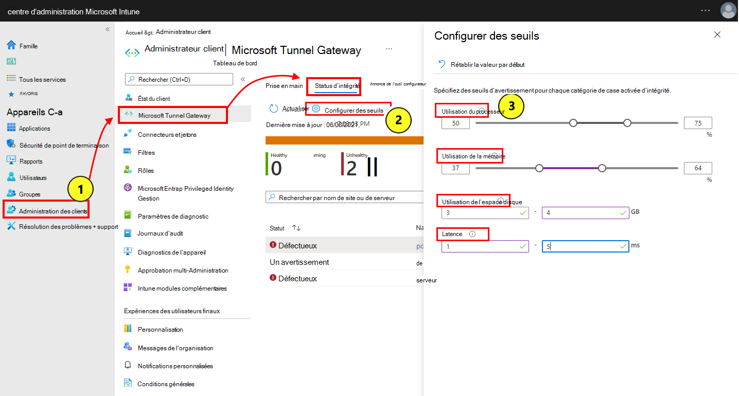 Capture d’écran montrant comment sélectionner et configurer les seuils de status d’intégrité.