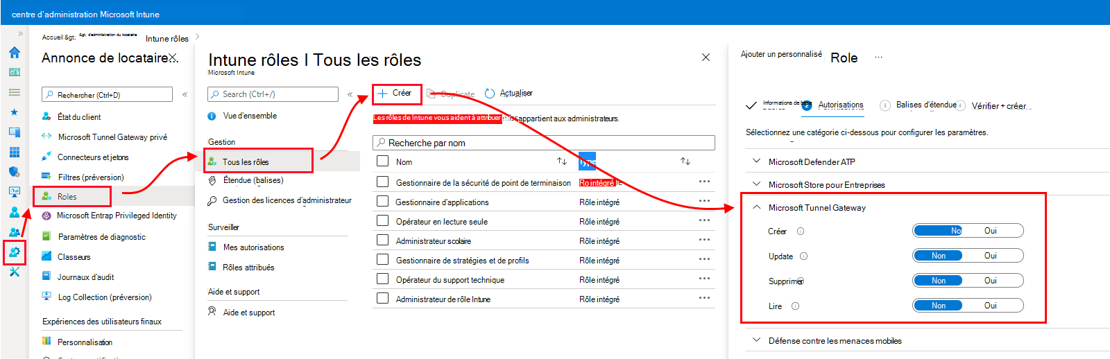 Capture d’écran des autorisations de passerelle de tunnel dans le Centre d’administration Microsoft Intune.