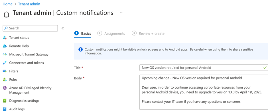 Capture d’écran montrant un message de notification personnalisé dans le Centre d’administration Microsoft Intune.