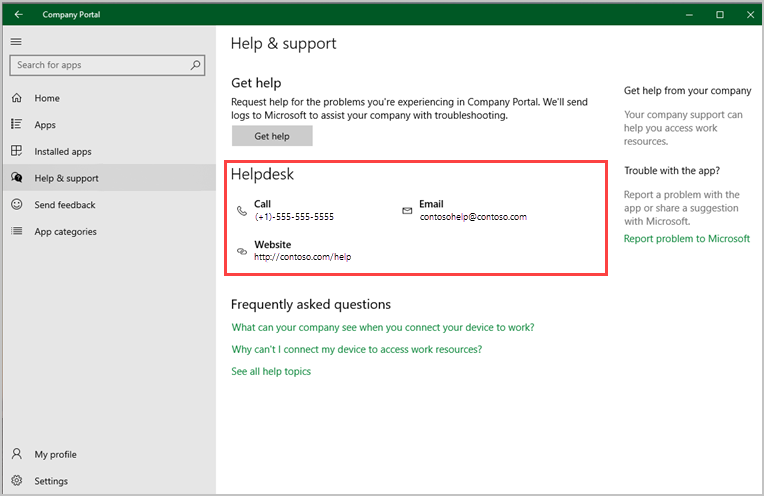 Capture d’écran de la page Aide & support de l’application Portail d'entreprise pour Windows, mettant en surbrillance la section Support technique.