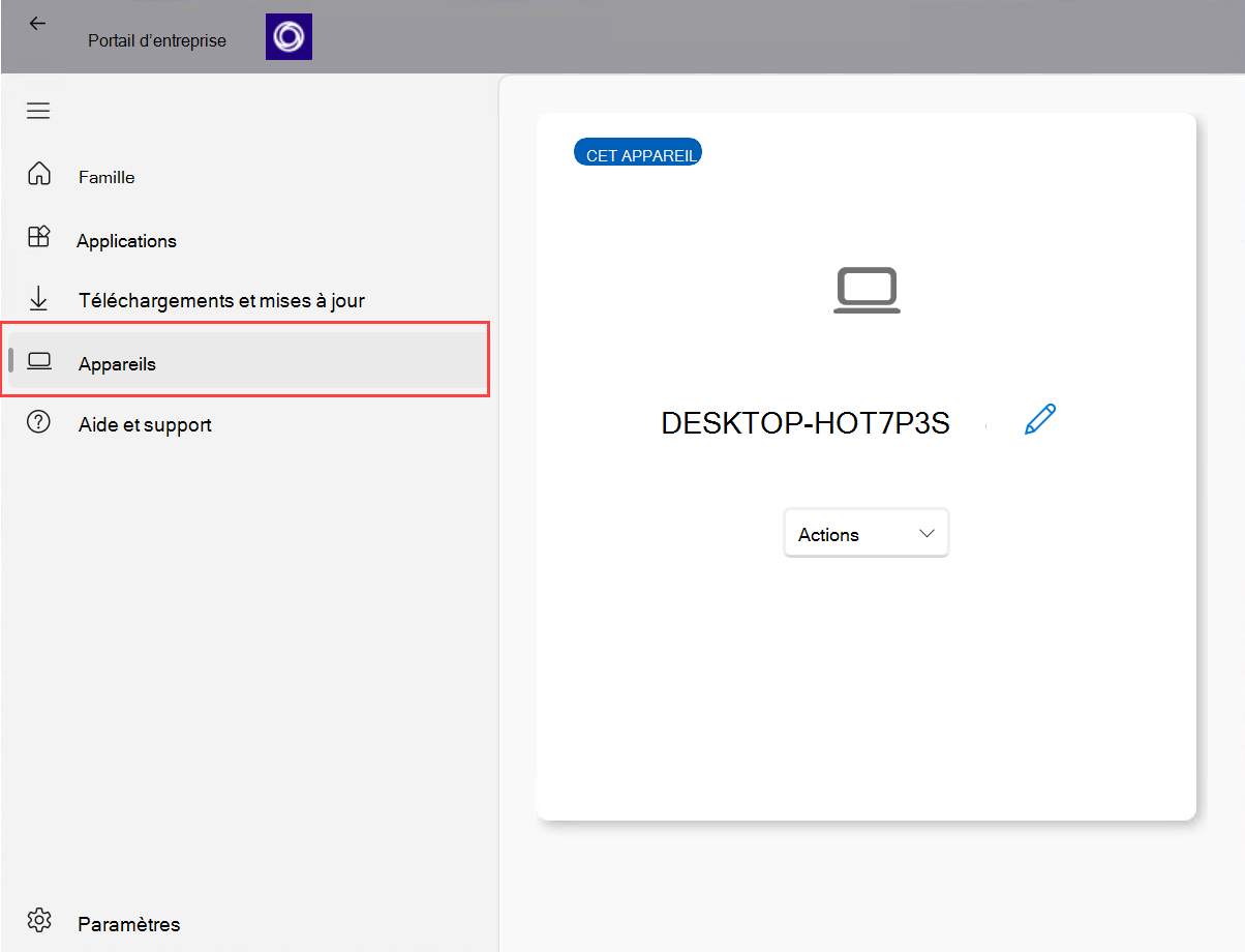 Capture d’écran de l’application Portail d’entreprise pour Windows mettant en surbrillance l’option « Appareils ».