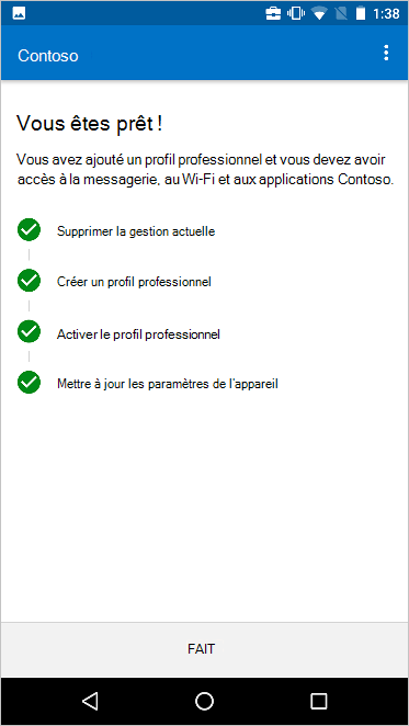L’écran d’installation Passer à une nouvelle gestion des appareils qui indique que toutes les étapes ont été effectuées.