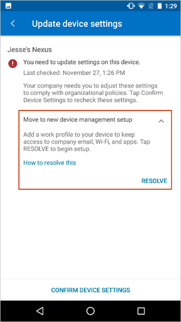 L’écran Mettre à jour les paramètres de l’appareil, mettant en surbrillance le message de configuration passer à une nouvelle gestion des appareils.
