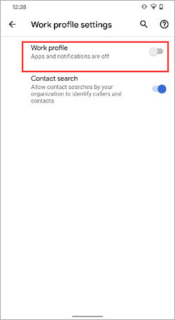 Capture d’écran du commutateur bascule de profil de travail désactivé dans les paramètres de l’appareil Google Pixel 4.