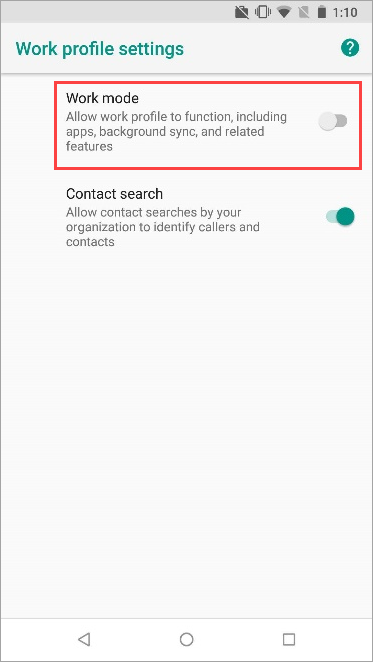 Capture d’écran du commutateur bascule de profil de travail activé dans les paramètres de l’appareil Nexus 5X.