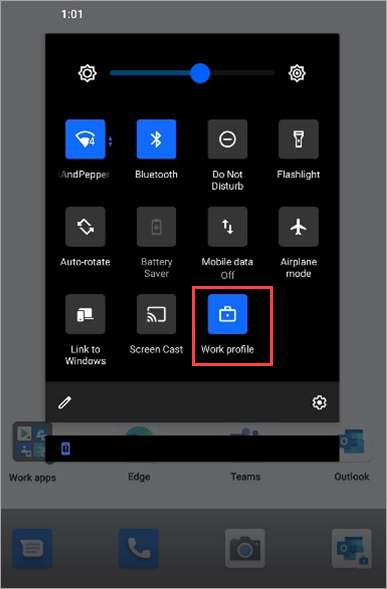 Capture d’écran de l’icône de profil de travail activée dans les paramètres rapides de Surface Duo.