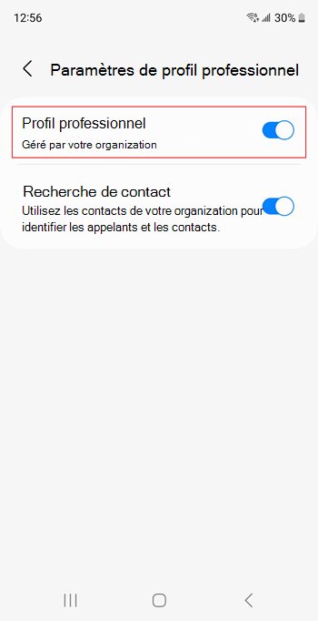 Capture d’écran du commutateur bascule de profil de travail activé dans les paramètres de l’appareil Samsung Galaxy S20.