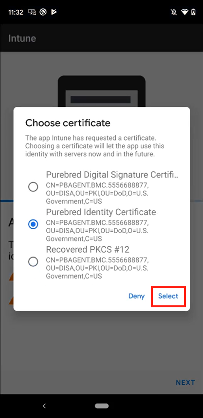 Capture d’écran de l’invite « Choisir un certificat »