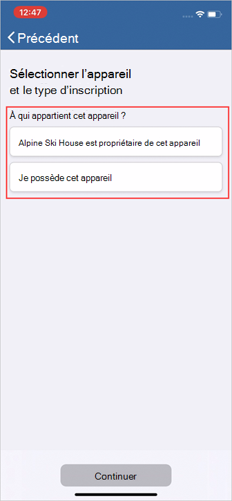 Exemple de capture d’écran du portail d’entreprise, écran « Sélectionner le type d’appareil et d’inscription », options relatives au type d’appareil.