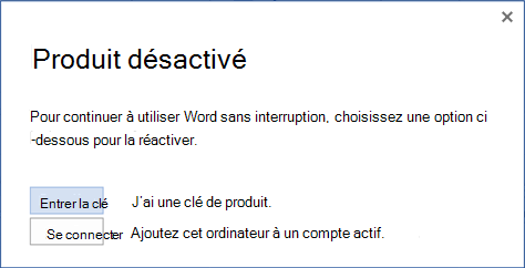 Screenshot of product deactivation prompt with options to enter a product key or sign in to an active account.