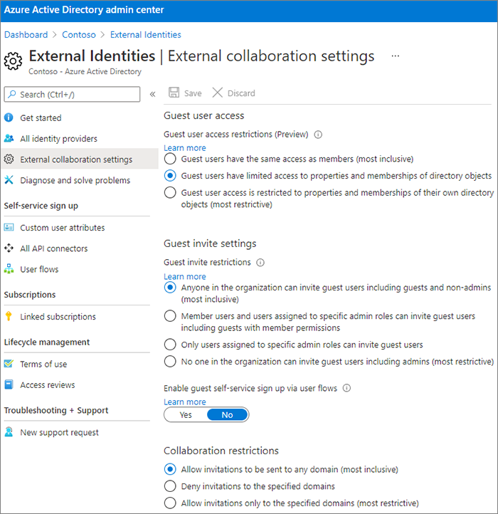 Capture d’écran de Microsoft Entra page des paramètres de collaboration externe.