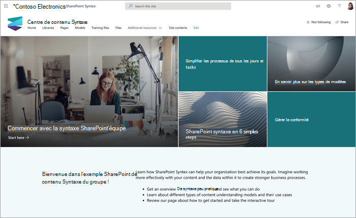 Capture d’écran de la page d’accueil du modèle de site du centre de contenu.