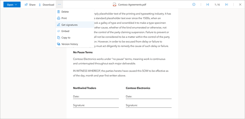 Capture d’écran d’un document montrant l’option Obtenir des signatures.