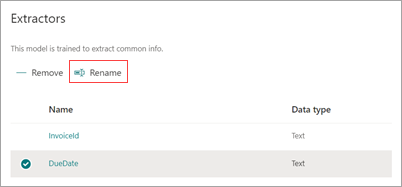Capture d’écran de la section Extracteurs avec l’option Renommer mise en évidence.