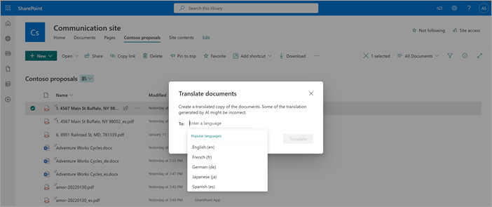 Capture d’écran montrant une bibliothèque de documents avec des documents traduits.