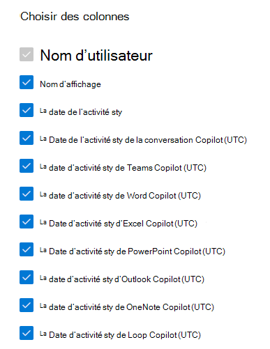 Capture d’écran montrant les colonnes que vous pouvez sélectionner pour le rapport d’utilisation Microsoft 365 Copilot.