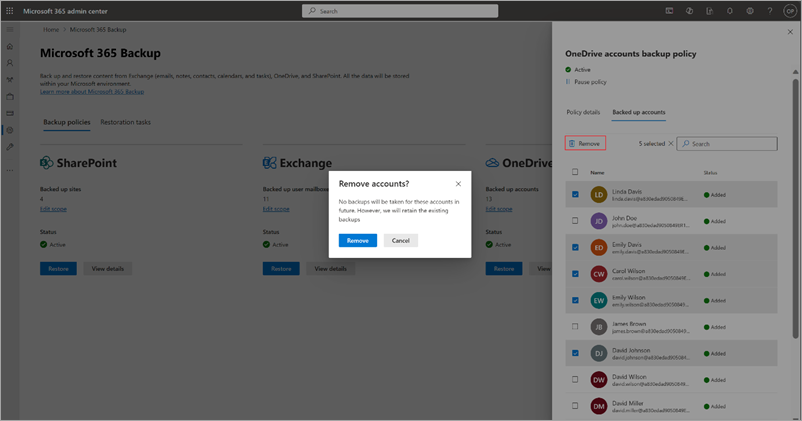 Capture d’écran montrant comment supprimer des comptes d’utilisateur de la stratégie de sauvegarde OneDrive dans le Centre d'administration Microsoft 365.