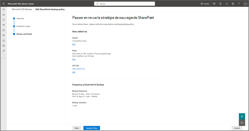 Capture d’écran de la page Vérifier la stratégie de sauvegarde SharePoint.