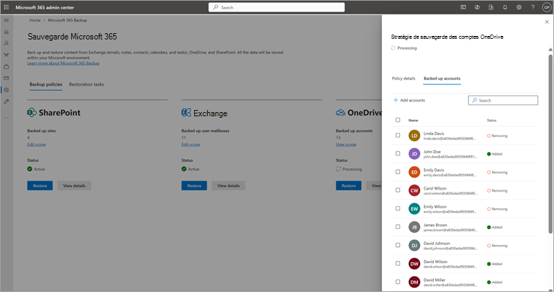 Capture d’écran du panneau de stratégie de sauvegarde des comptes OneDrive mis à jour dans le Centre d'administration Microsoft 365.