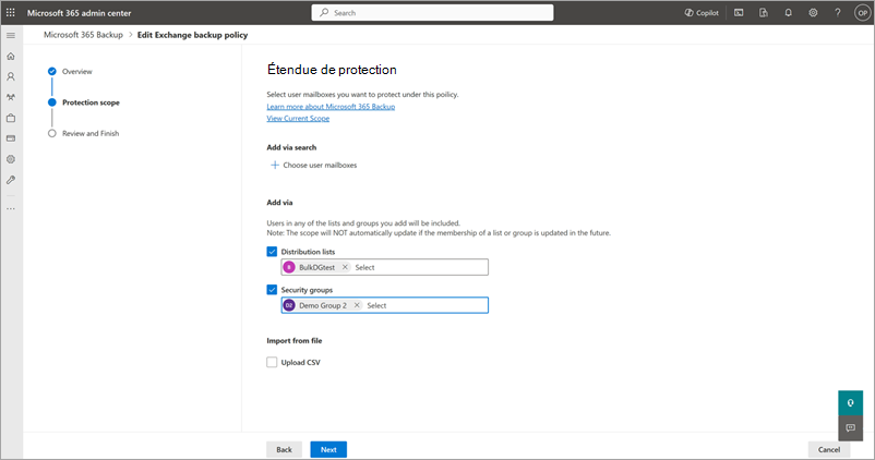 Capture d’écran de l’option Ajouter via les listes de distribution et les groupes de sécurité dans la page Étendue de protection pour Exchange.