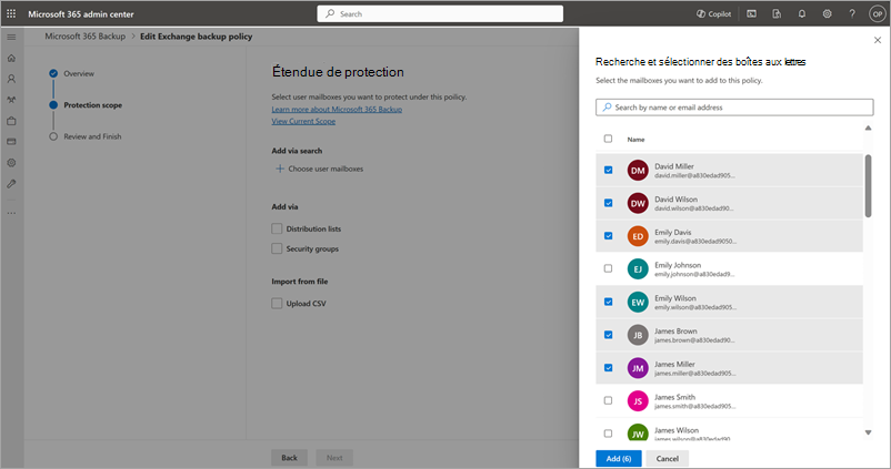 Capture d’écran du panneau Rechercher et sélectionner des boîtes aux lettres dans la page Étendue de protection pour Exchange.