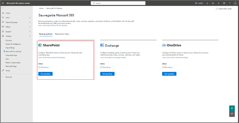Capture d’écran de la page Sauvegarde Microsoft 365 avec SharePoint mis en surbrillance.