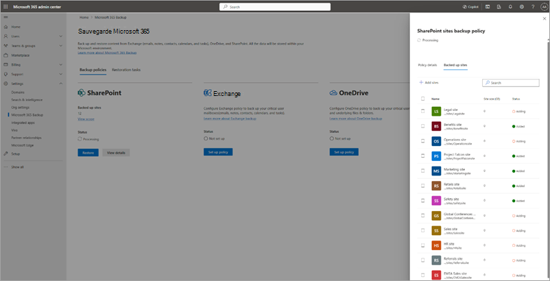 Capture d’écran montrant comment ajouter des sites à la stratégie de sauvegarde SharePoint existante dans le Centre d'administration Microsoft 365.