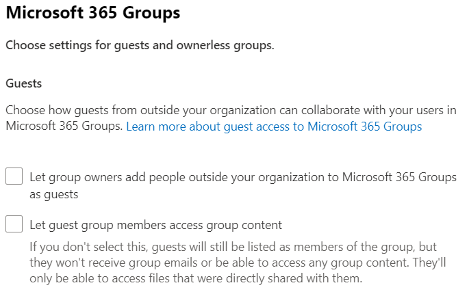 Capture d’écran des paramètres de partage des groupes Microsoft 365 dans le Centre d’administration Microsoft 365.