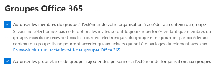 Capture d’écran de Groupes Microsoft 365 paramètres d’invité dans Centre d'administration Microsoft 365.