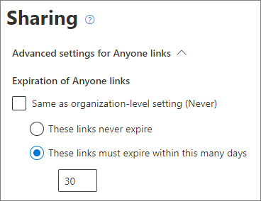 Capture d’écran des paramètres d’expiration des liens Anyone au niveau du site SharePoint.