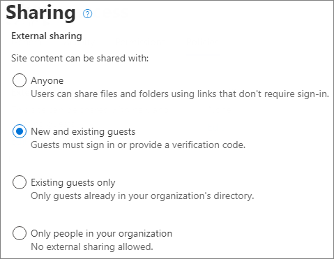 Capture d’écran des paramètres de partage SharePoint au niveau du site définis sur Paramètres nouveaux et existants.