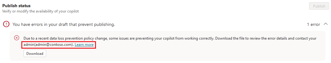 Capture d’écran d’un message d’erreur lié à la stratégie de données dans Copilot Studio, avec une adresse e-mail et un lien En savoir plus en surbrillance.