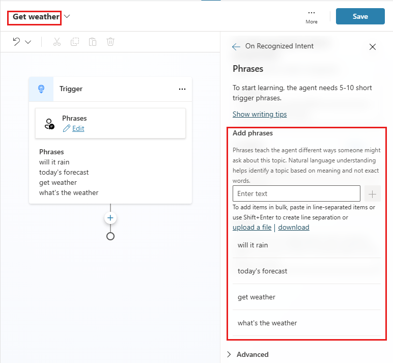 Capture d’écran de phrases déclencheur pour la rubrique «&nbsp;Obtenir la météo&nbsp;».