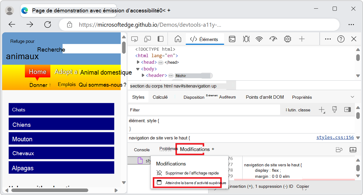 Menu contextuel d’un outil dans la barre d’outils Affichage rapide, y compris la commande « Déplacer vers la barre d’activité supérieure »
