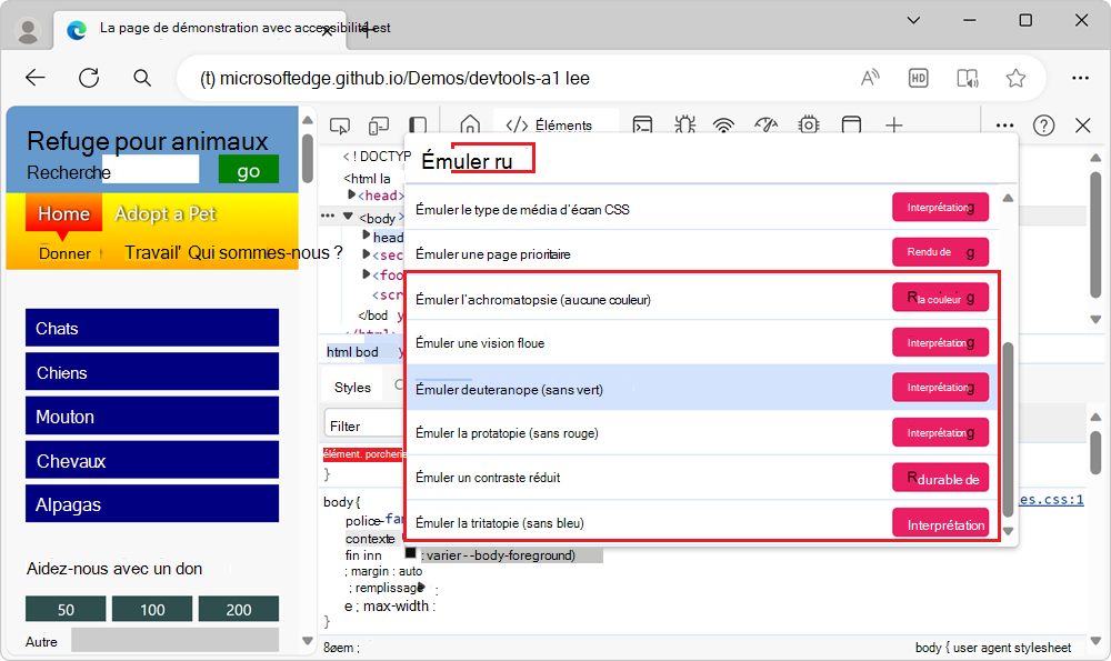 Menu de commandes montrant les différents types de déficiences visuelles