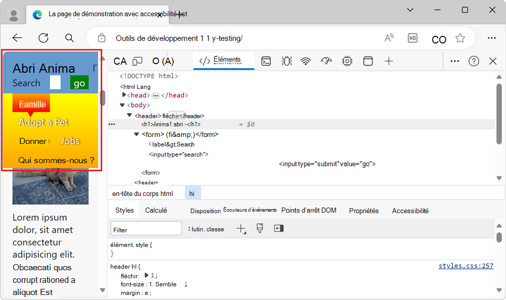 Disposition étroite, montrant que la moitié de la page est couverte par la barre de navigation