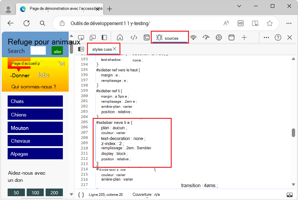 Styles appliqués au lien dans l’outil Sources