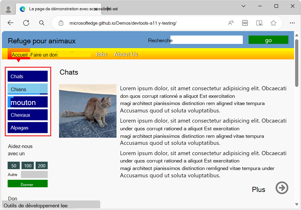 Élément de menu affichant des couleurs différentes lorsque le pointeur de la souris est sur celui-ci