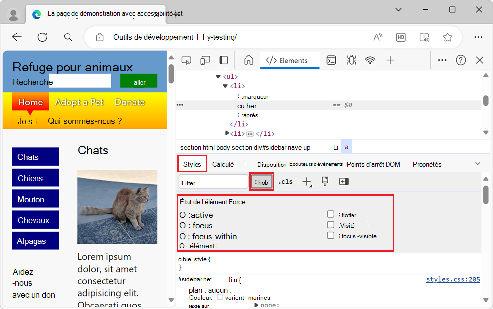 Outil de simulation d’état affichant toutes les options