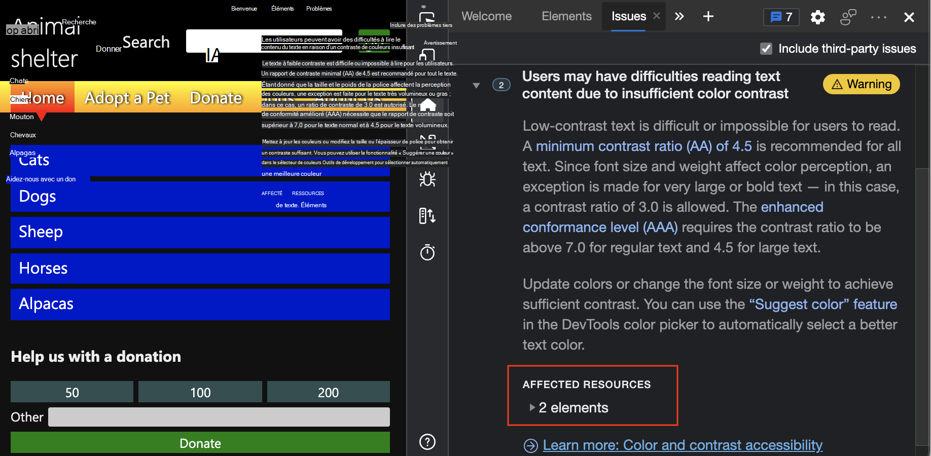 Problèmes de contraste signalés dans l’outil Problèmes