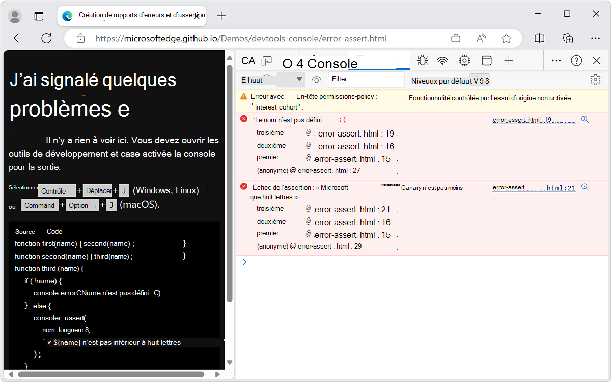 Les messages d’erreur s’affichent dans la console