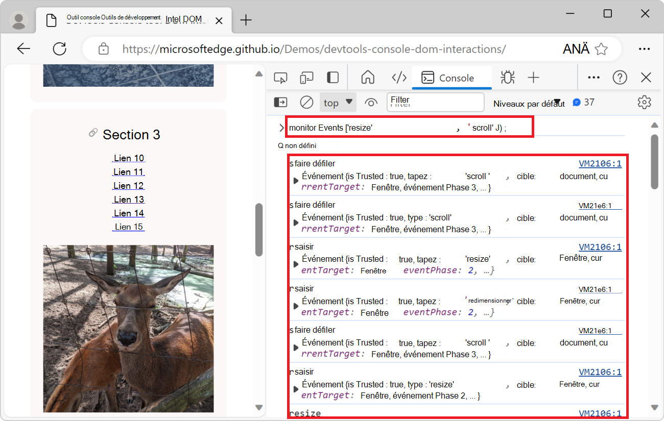 L’outil Console, montrant la liste des événements de redimensionnement et de défilement