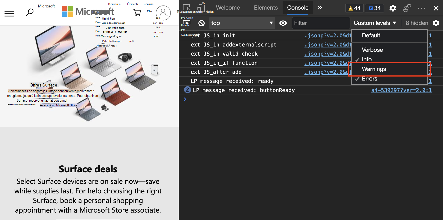 Masquage de tous les messages de niveau d’avertissement dans la console pour filtrer une grande partie du bruit